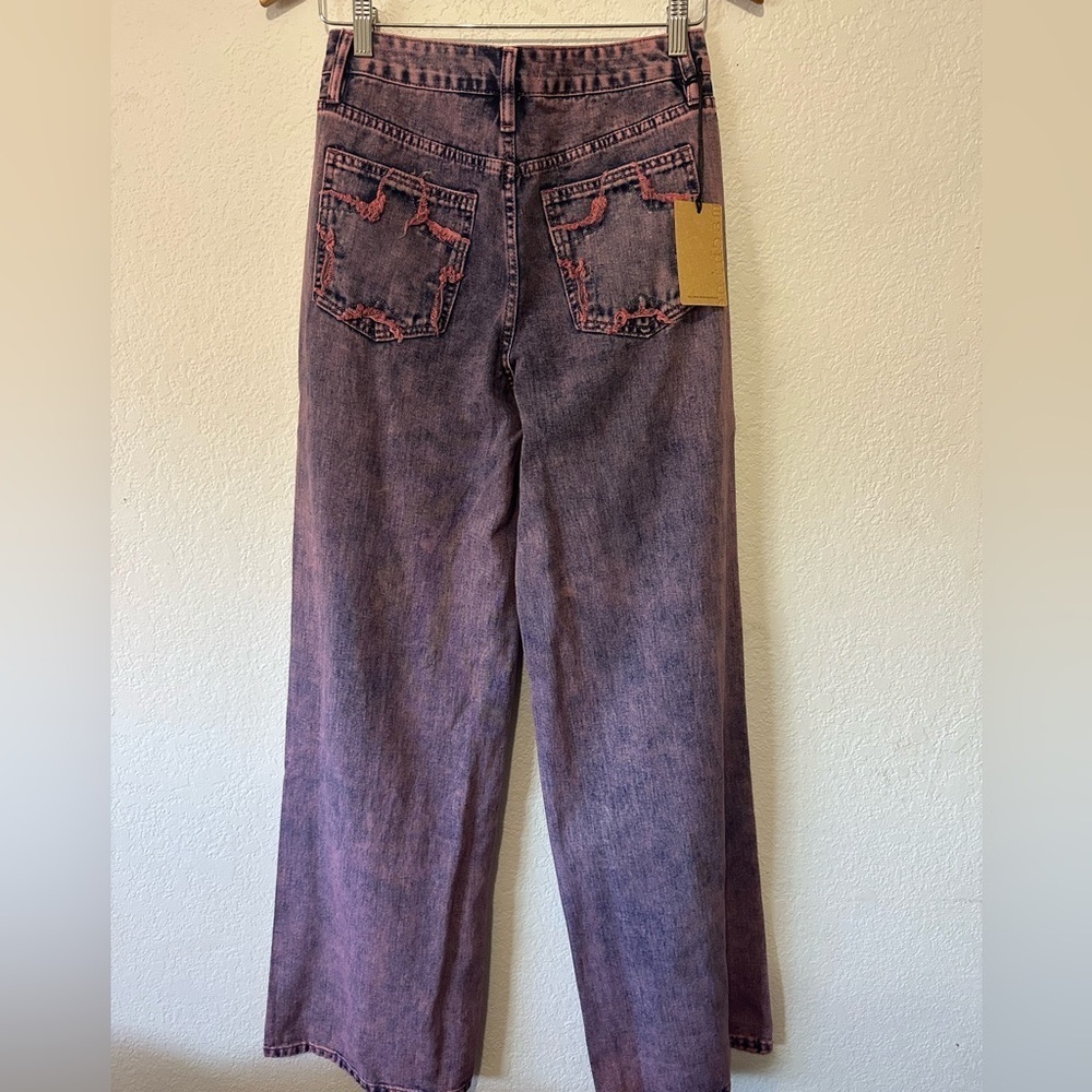 Machine Distressed wide leg pink and purple wash jeans- Size 3 NWT - Picture 3 of 8